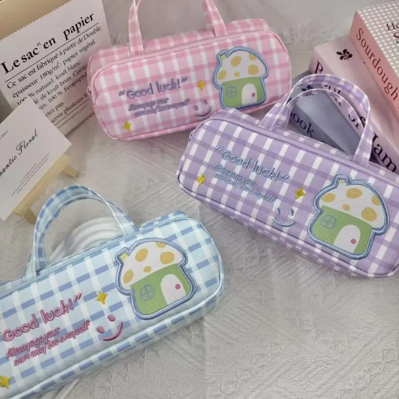 New Double-Layer Pencil Case With 2 Zippers Cute Plaid Pattern Spacious With Handle Stationery Bag Student Pencil Box