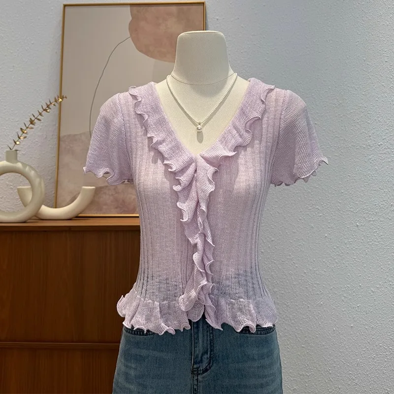 Korean Style Candy Color Ruffles Knitted T-Shirt Women's Summer New Chic V-Neck Single Breasted Tees Stylish Sweet Slimming Tops