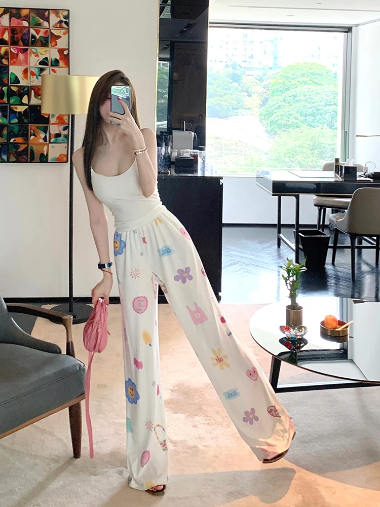 White Cartoon Print Loose Fit Casual Pants Elastic Waist Thin Summer Home Pants Draped Straight Leg Lazy Wide Leg Trousers