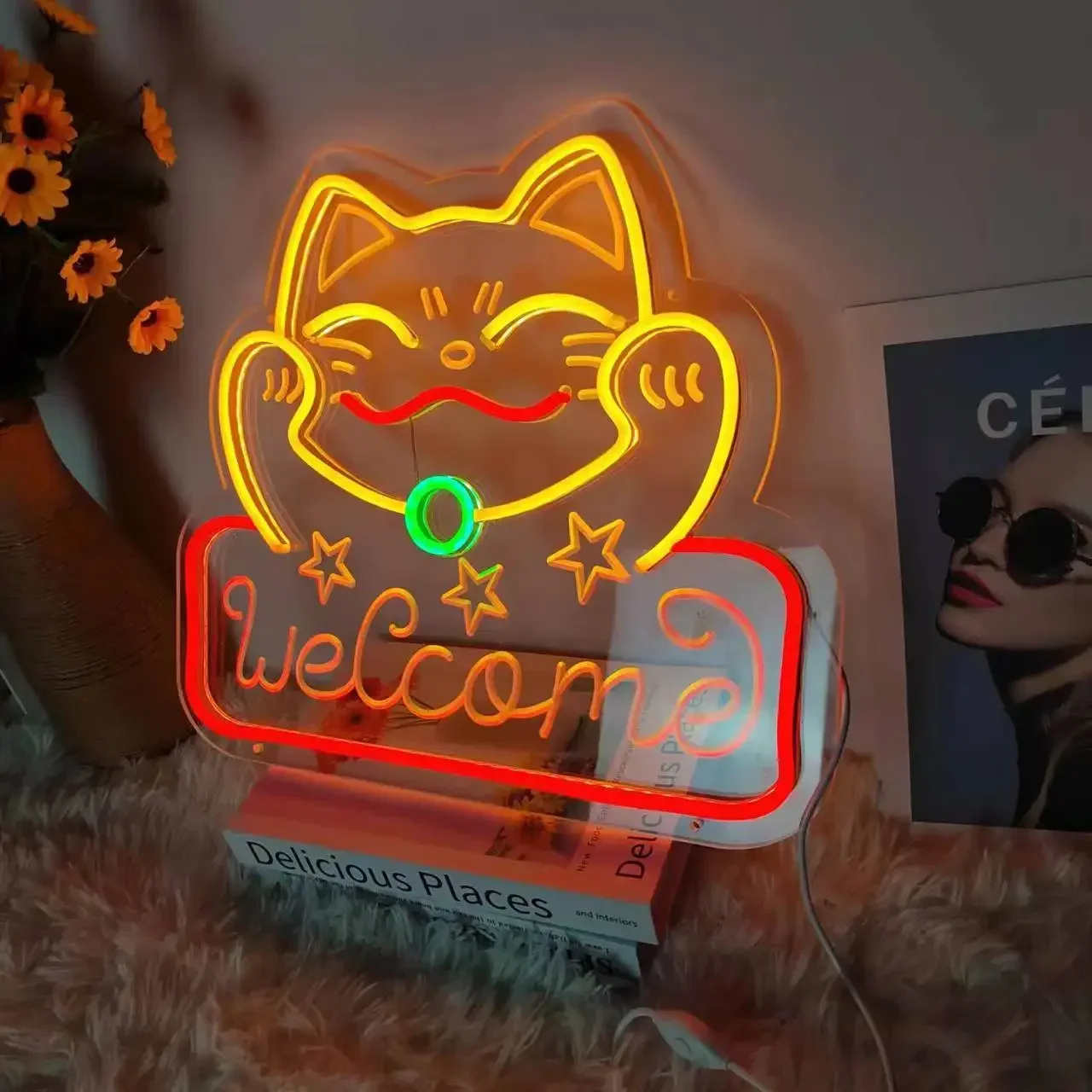 Letrero de neón de gato de la suerte, palo mágico de Anime Kawaii, luz Led colgante para el hogar, dormitorio, fiesta de cumpleaños, decoración de