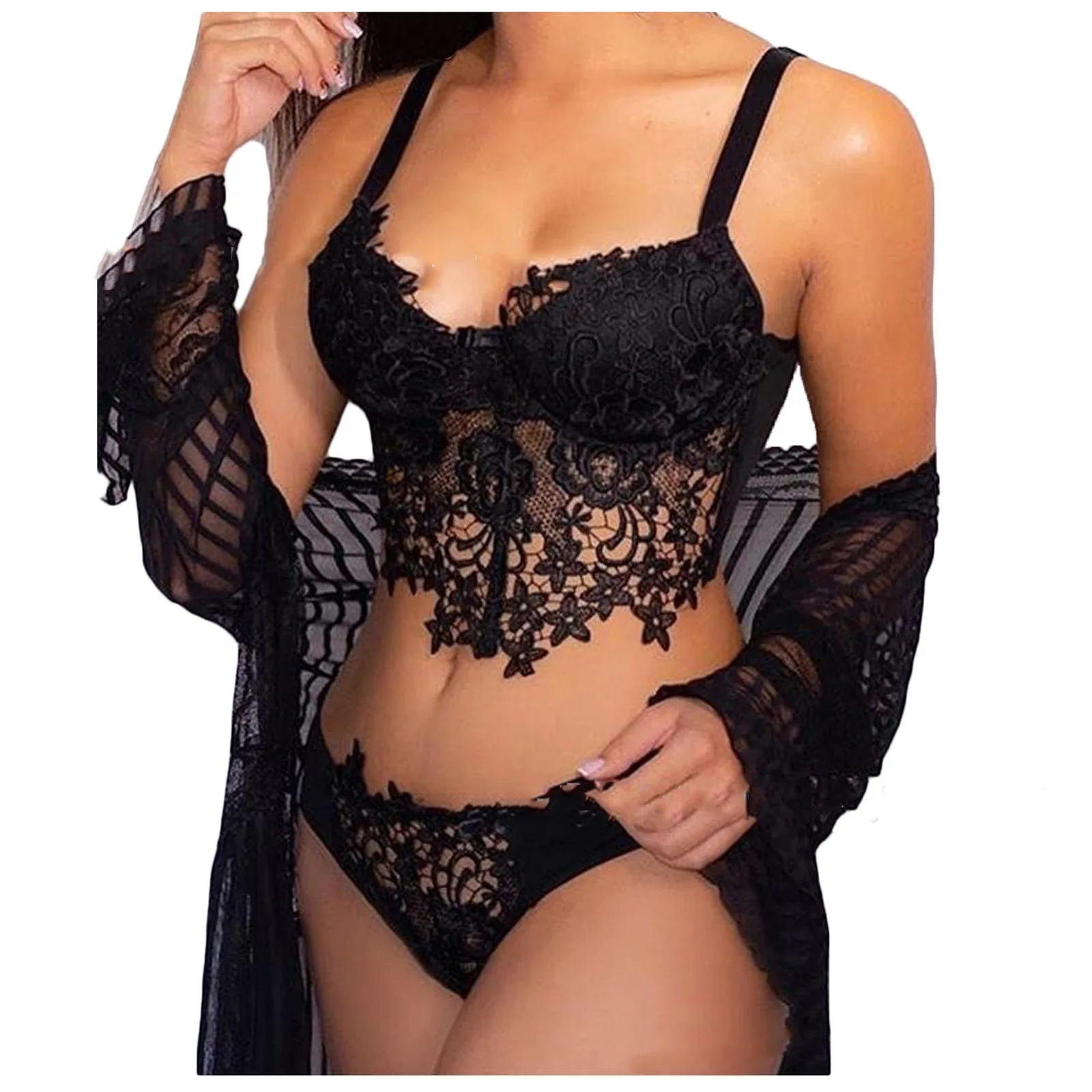 New Ultra Thin Lace Sexy Lingerie Set Hot Underwear Women Set Bra and Panty Thong Set Transparent Lace Black Open Intimates view 2