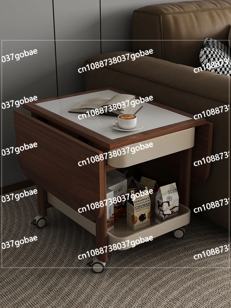 Multifunctional Solid Wood Sofa Side Table Small Apartment Movable Folding Walnut Tea Cart Dual-Use