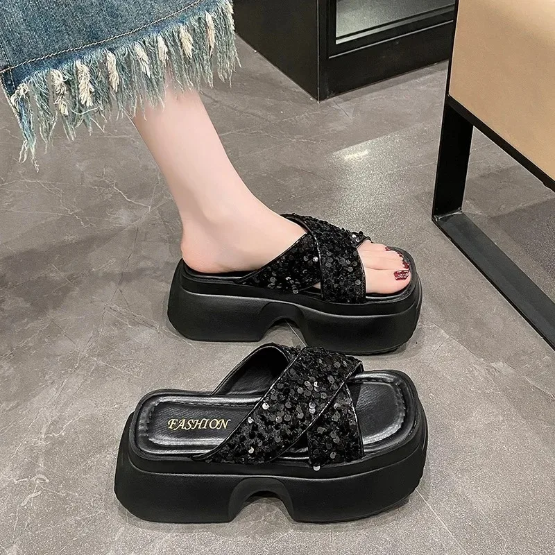 Silver Bling Casual Slippers 8cm Chunky Platform Gladiator Sandals Black Sequin Summer Shoes Women Heels Sandale Ete Femme 2024