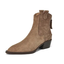 Bottes Western en Daim de Vache pour Femme, Noir, Marron, Incent, Mi-Nuit, Talons, Fermeture Éclair au Dos, Jolie tu, Parker, Rétro, Dames, Rinçage, Automne, Hiver