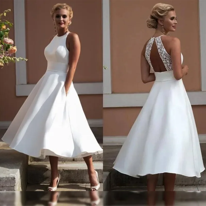 

Simple White Satin Tea Length Wedding Dresses For Women A Line Lace Backless Halter Neck Short Bridal Gowns Robe De Mariée 2024