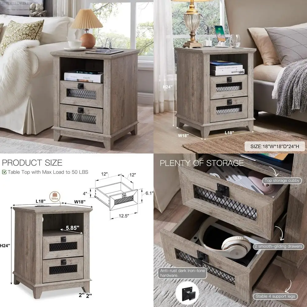 

Industrial & Farmhouse Style Nightstand with Charging Station and 2 Drawers, Open Cubby End Table, Rustic Mesh Drawer Sofa
