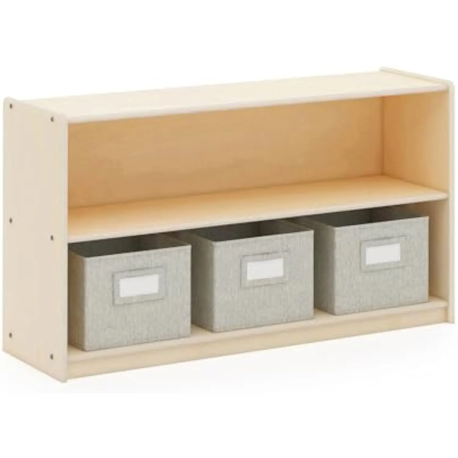 

EdQ Two Shelf Open Storage 24'' Natural with 3 Fabric Bins: Wooden Multi-Purpose Bookcases and Toy Storage Organizer; Homescho