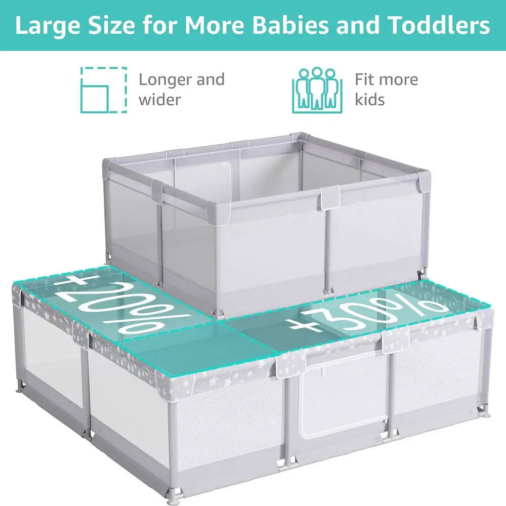 Giant 70x59in Playpen for 6-12 Month Olds, Large Play Yard for 1-3 Year Olds, Indoor Toddler Play Fence - Grey