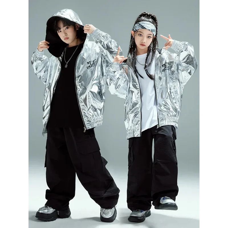 

Kids Boy Girl Streetwear Hip Hop Loose Casual Silver Laser Stage Hood Jacket Cargo Pant Set Children Hoody Coat Trouser Costumes