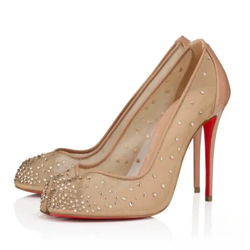 

2025 г. женские пикантные туфли из сетчатой ткани Water Diamond на высоком каблуке с разделенным носком, прогулочная обувь в европейском и американском стиле.