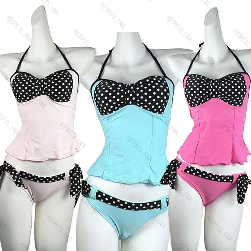 

Sweet cute sexy and spicy girls style polka dot print bow hanging neck suspender bikini sets summer Y2k retro beach bikini sets