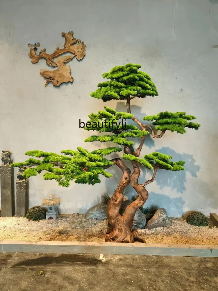 Simulation fake tree ornament, large pine tree shape decoration, bonsai branches, solid wood carving landscaping