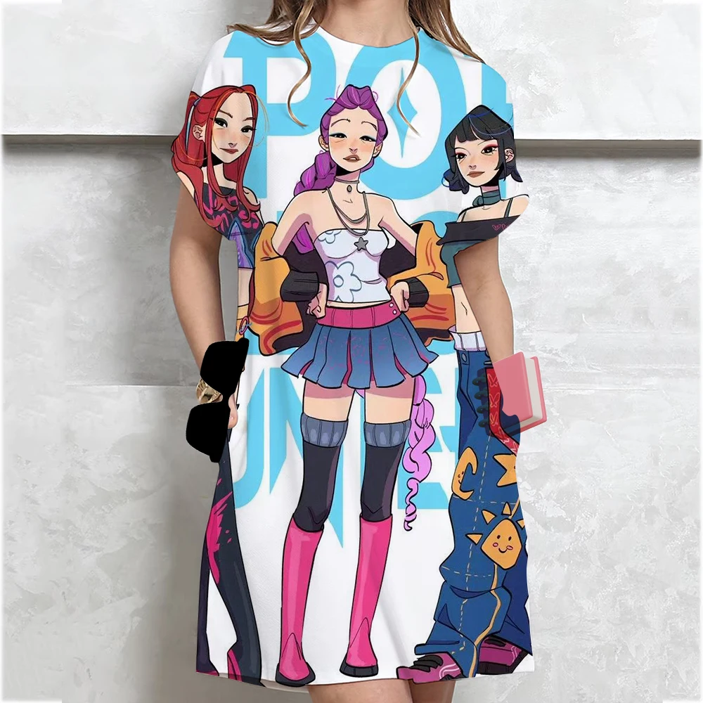 ﻿   Dames zomer nieuwe T-shirtjurk met korte mouwen Kpop Demon Hunters Huntrix losse halflange overknee-jurk