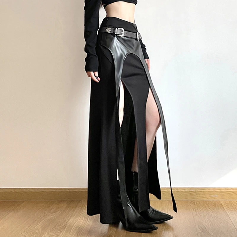 SUCHCUTE Gothic PU Belt Match Long Skirt Sexy Straight Tassel Slit Irregular Midi Skirt Punk High Waist Party Skirt Women Outfit