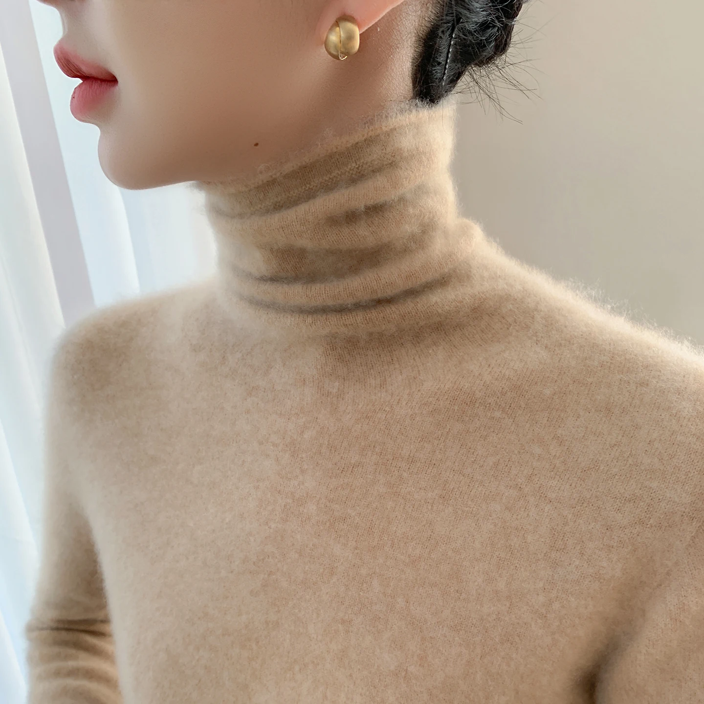 

Осень/зима 2022, новый кашемировый свитер, женская толстовка с высоким воротником, теплый свободный вязаный базовый свитер с воротником в сложенном виде