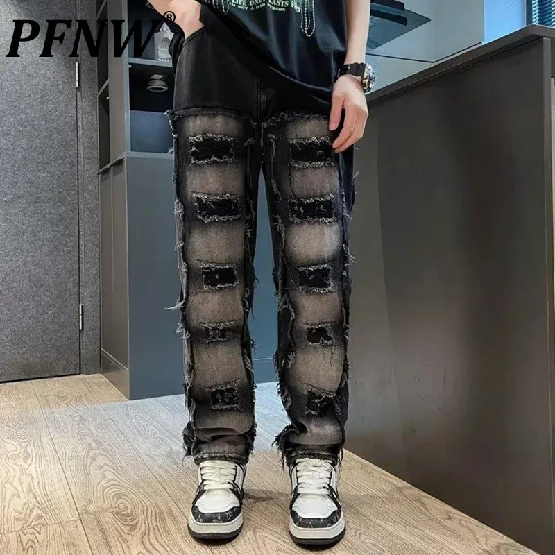 

PFNW Patchwork Patch Design Contrast Color Street Jeans Men's Rough Edge Loose Straight Pants Fashion Hip Hop Trousers 28W4706