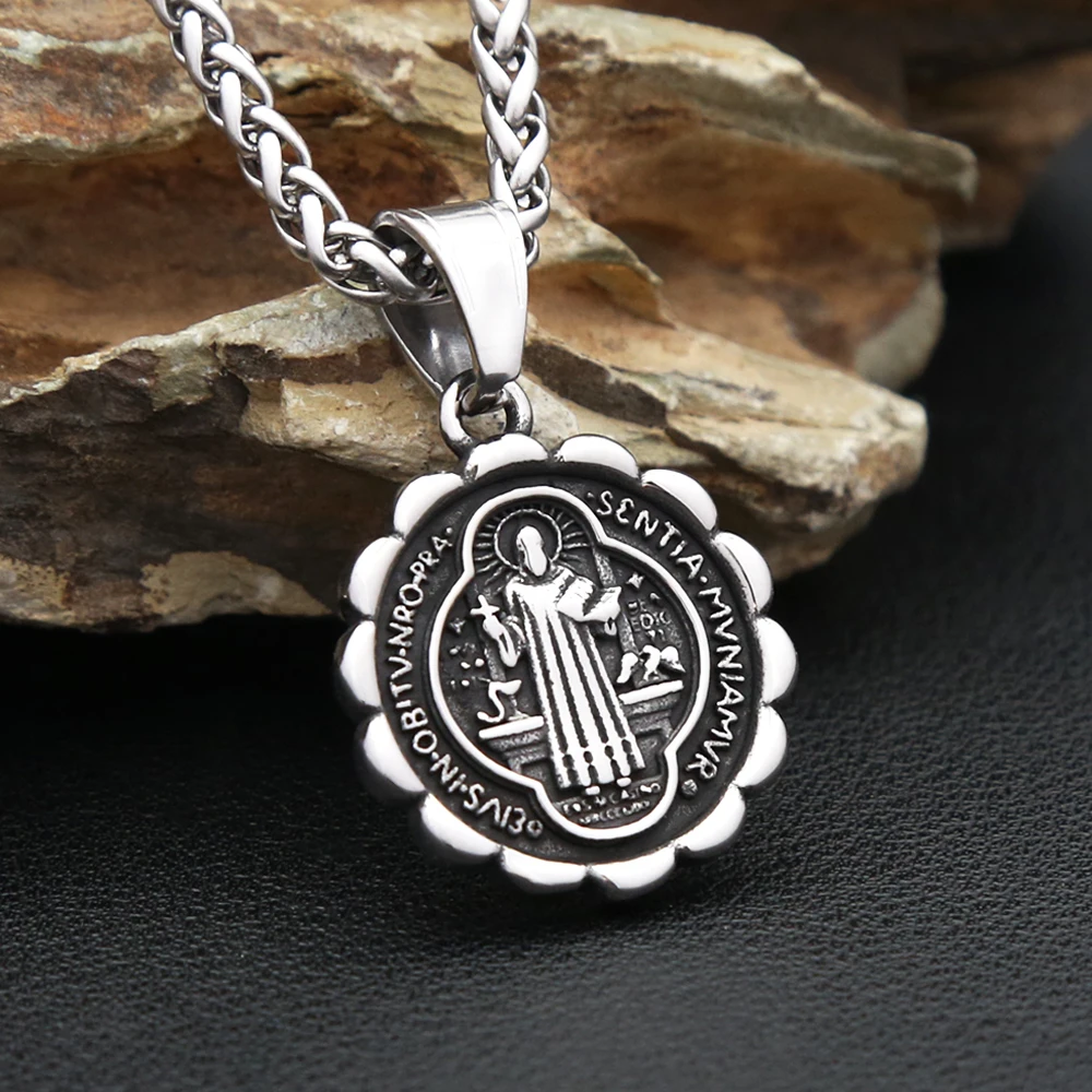 Vintage Fashion Stainless Steel Catholic Saint Benedict Cross Pendant Necklace For Men Punk Biker Amulet Religious Jewelry Gifts