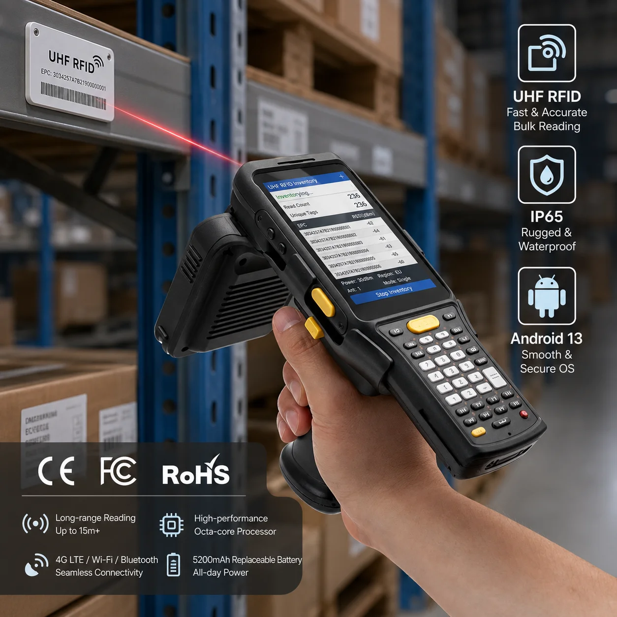 Rugged Android 13 RFID PDAs 4GB 64GB 2D Barcode Scanner IP65 4G NFC Warehouse Handheld Terminal Chainway C61
