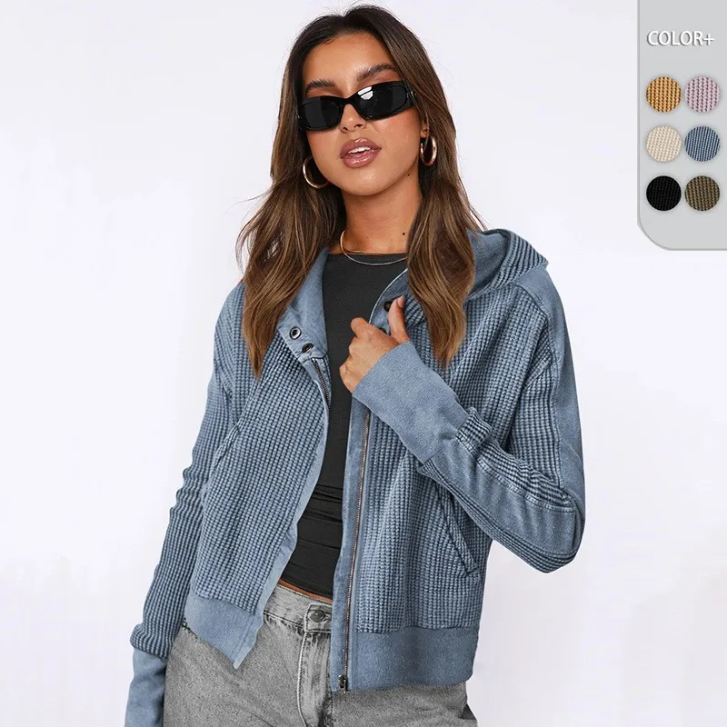 Women Jacket Hoodie Waffle Knit Hooded Sweatshirt Color Blocking Oversized Fit Zip-Up Hoodie Beige Black Long Sleeve Casual
