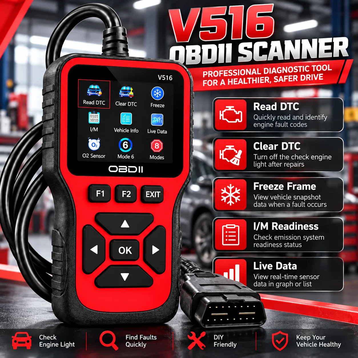 V516 Obd2 Car Diagnostic Scanner Engine Code Reader Fault Code Clear Tool Check Engine Light Reset O2 Sensor I/M Readiness Test