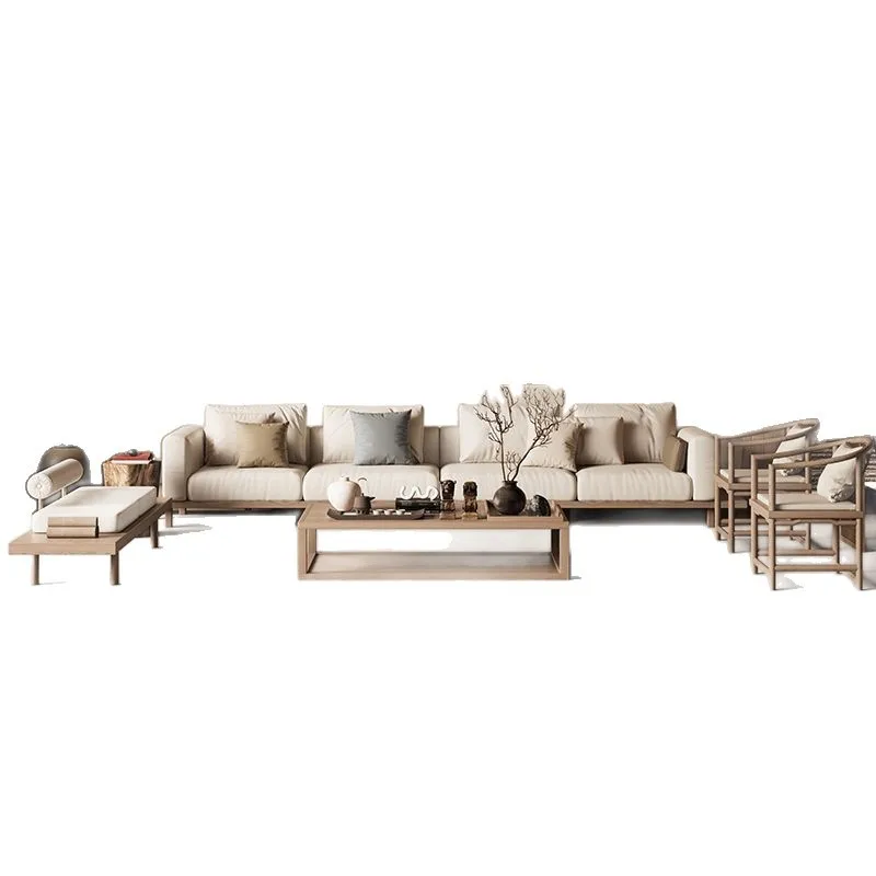 New Chinese-style solid wood sofa combination straight row small apartment living room and home use