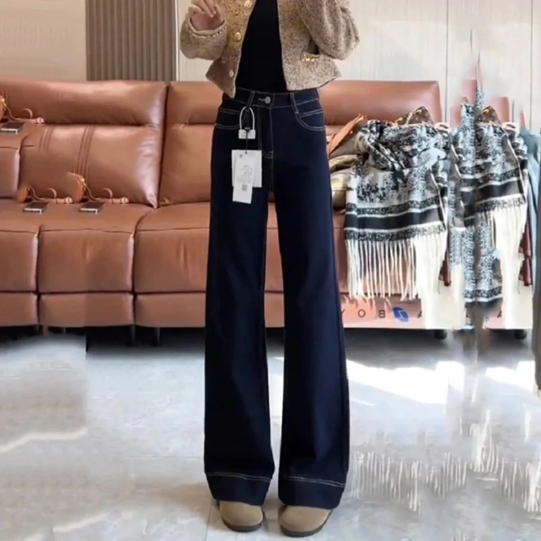 Fashionable Bell Bottom Denim Jeans Women's Loose High Waist Slimming Fleece Wide Leg Floor Length Pants Autumn Winter New Ar...