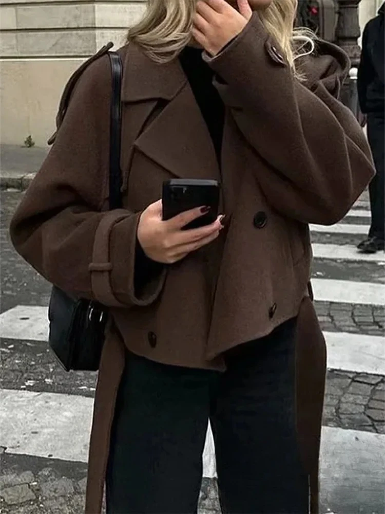 

KONDALA винтажные женские куртки коричневого цвета с отложным воротником, двубортный пояс, пальто с длинными рукавами, модная осенняя верхняя одежда 2025 года