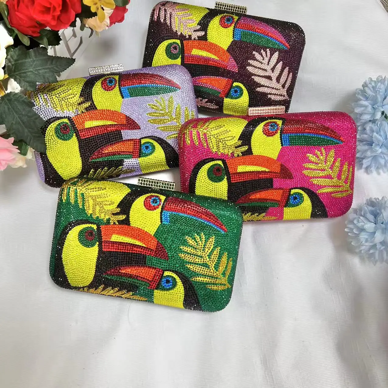 Novelty Toucan Bird Women Crystal Evening Bags Rhinestones Box Minaudiere Clutch Party Cocktail Handbag Diamond Chain Purse image 3