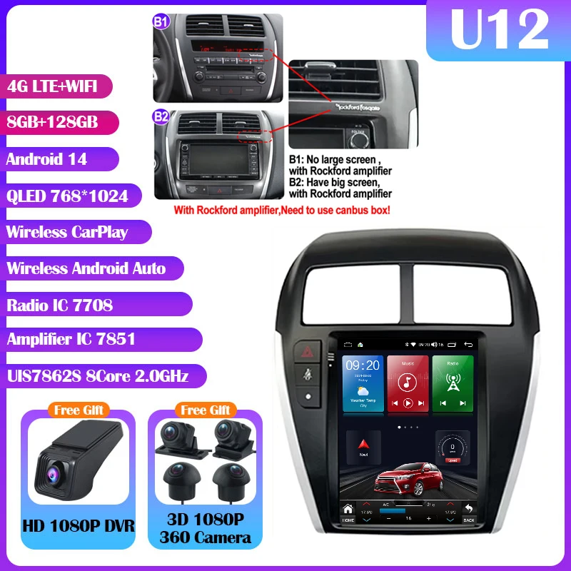 Android 14 Mitsubishi Asx 1 2010-2016 9.7 "7862S QLED Autoradio Multimedia Video Player Carplay Auto GPS Navi Stereo Geen DVD 2Din