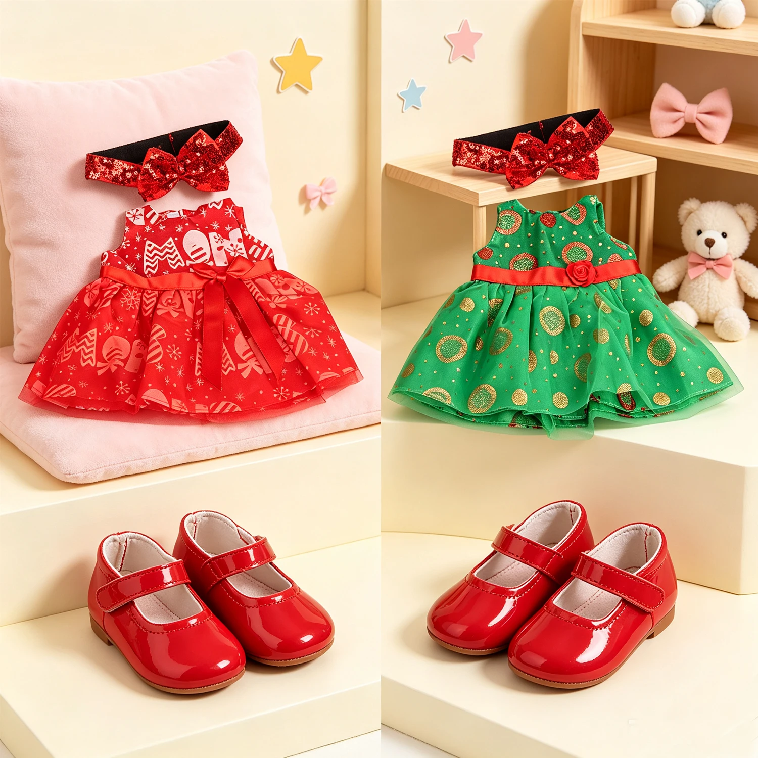 Cute Holiday Doll Party Dresses Green & Red Festive Print  Dress with Glitter Bow Headband for 18 Inch American &OG Girl Dolls