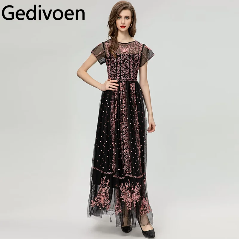 

Gedivoen Summer Fashion Runway Designer Dresses Women's Bohemian Net Yarn Temperament Butterfly Embroidery Tunics Sexy Dresses