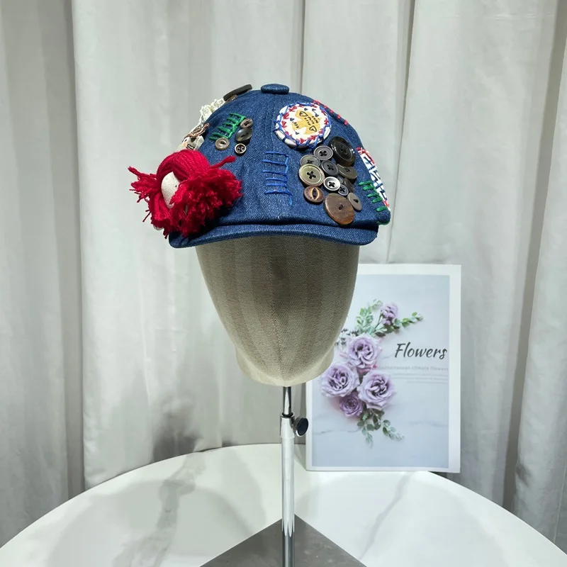 Original Cartoon Patch Button Design Denim Men Forward Beret Hat for Women Spring Autumn Short Brim Sunshade Wedding Party Cap