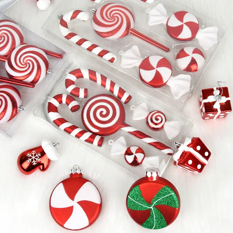 

Christmas Decorations Red and White Painted Candy Combination Set, Hanging Ornaments Festive Scene Atmosphere Decoration