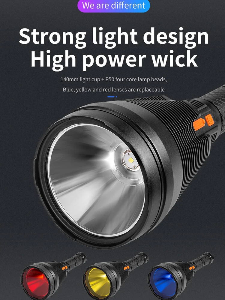 Super Large powerful Flashlight 1000000 lumens LED torch Tactical Flashlights 10000mah Hunting Camping Lantern Long Shot 2000m