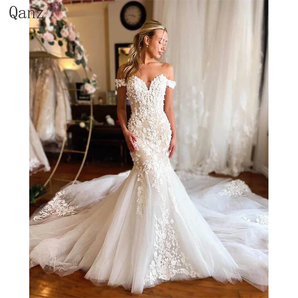 

Qanz Elegant Tulle Off The Shoulder Wedding Dresses Mermaid Court Train Bridal Gowns Lace Appiques Corset Robe Mariage Boheme