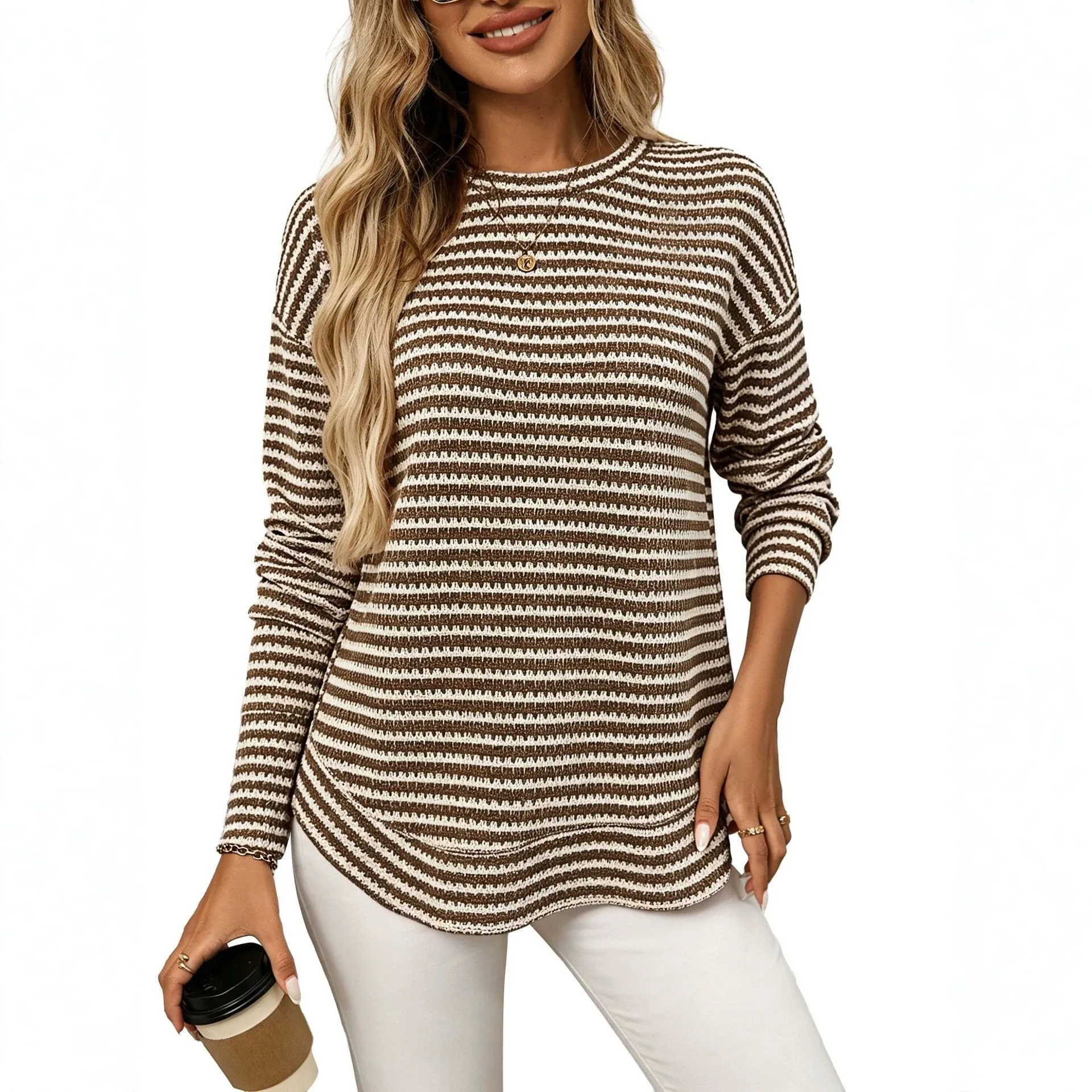Casual Loose Fit Top Streetwear with Long Sleeve Striped Pattern High Temperature Pressing Standard Length Autumn Women Top