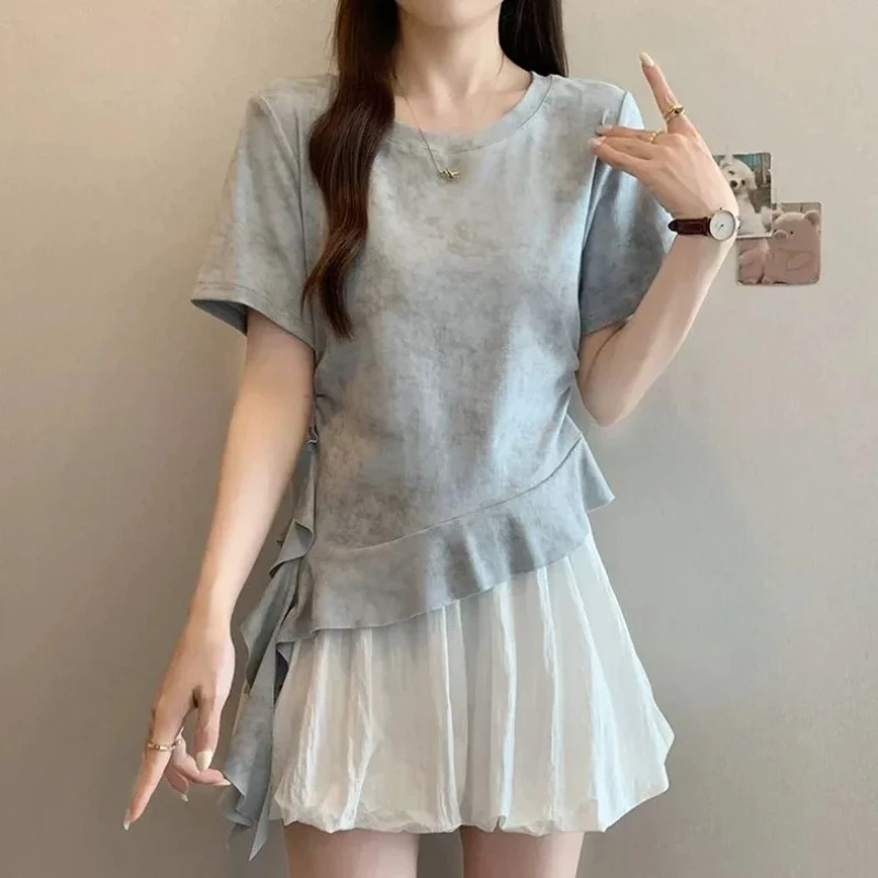 

Cute Layered Ruffle Hem T-Shirt For Women Summer Casual Sweet Style With Asymmetrical Design And Soft Texture