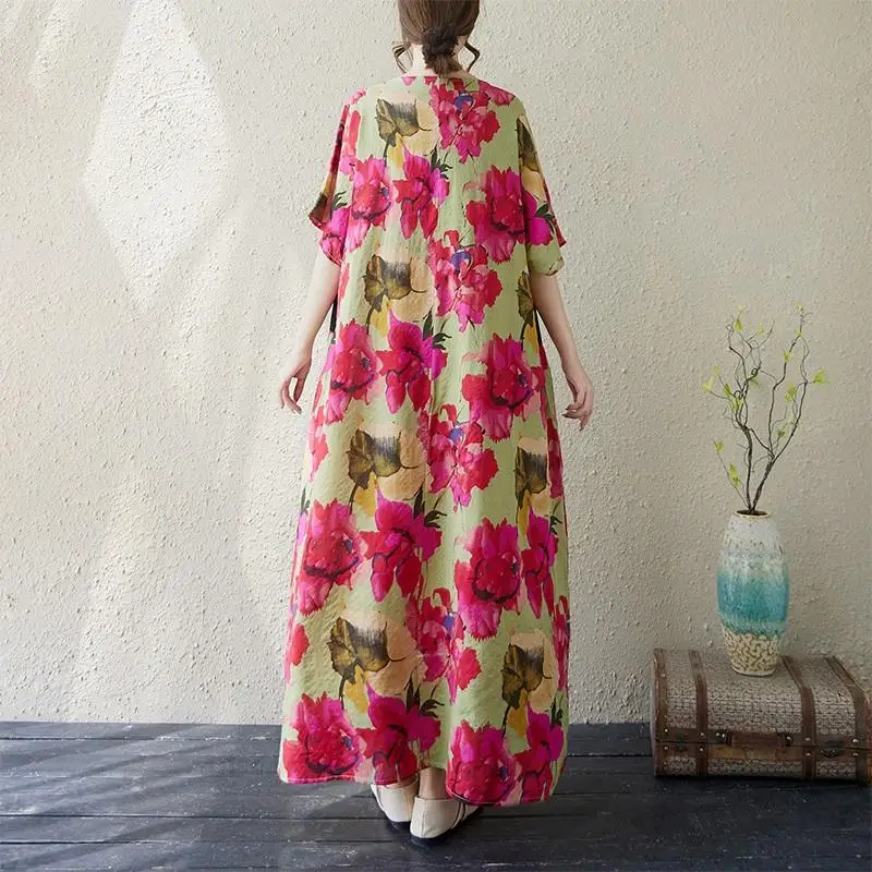 Sukienki midi maxi z krótkim rękawem, plus size, bawełniane, w stylu vintage, w kwiaty i kropki, z kieszeniami, damskie, codzienne, luźne, długie, letnie, szerokie, boho.