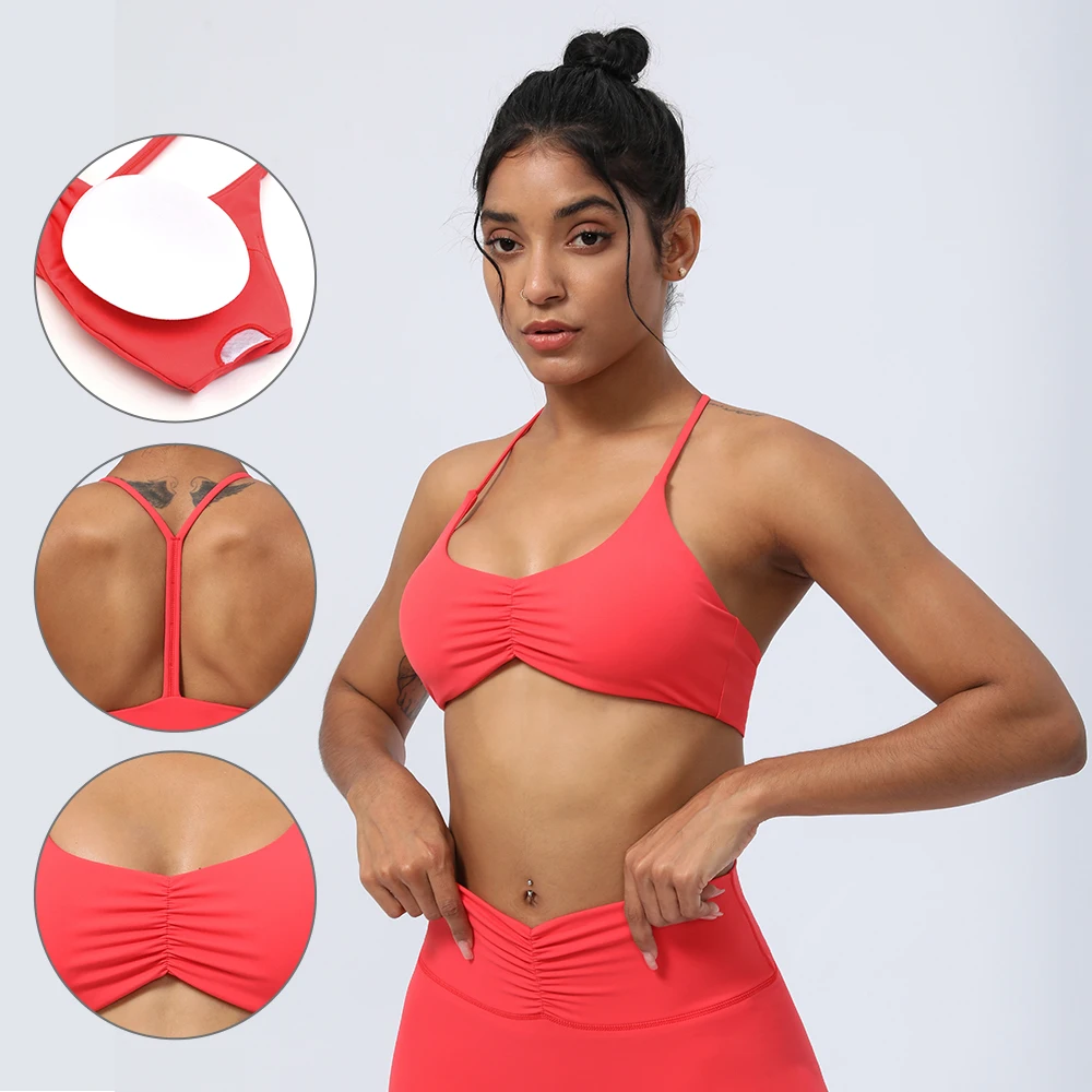 

Women Fitness Sport Bra Cross Back Wrinkle Yoga Top Soild Color Padded Running Workout Underwear