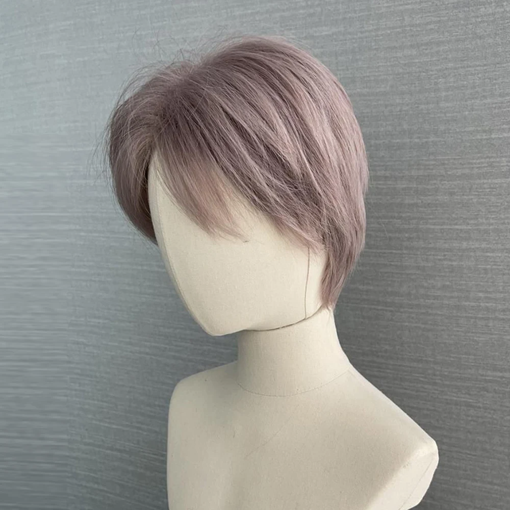 Grey Purple Men Short Straight Wig with Bangs Synthetic Fluffy  Cosplay Heat Resistant Wig for Daily Party