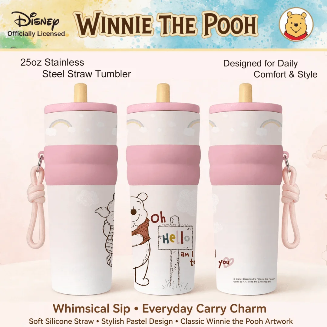 1pc 25oz Disney Winnie The Pooh Stainless Steel Tumbler Insulated Travel Mug with Straw Hanging Rope Portable Cup for Car Office