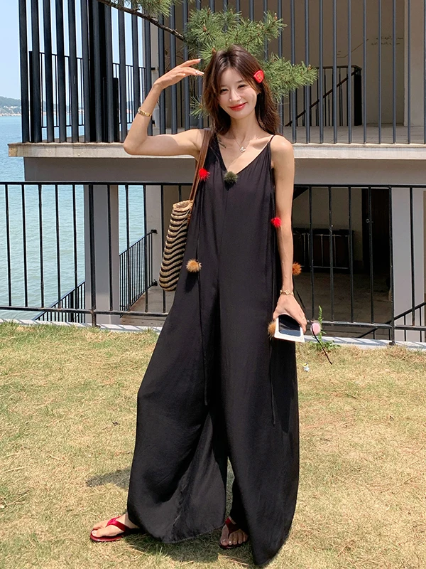 블라 V넥 스트랩 슬림 스트레이트 레그 점프수트 여성용 패셔너블 하이웨이스트 젊어 보이는 여름 신상품