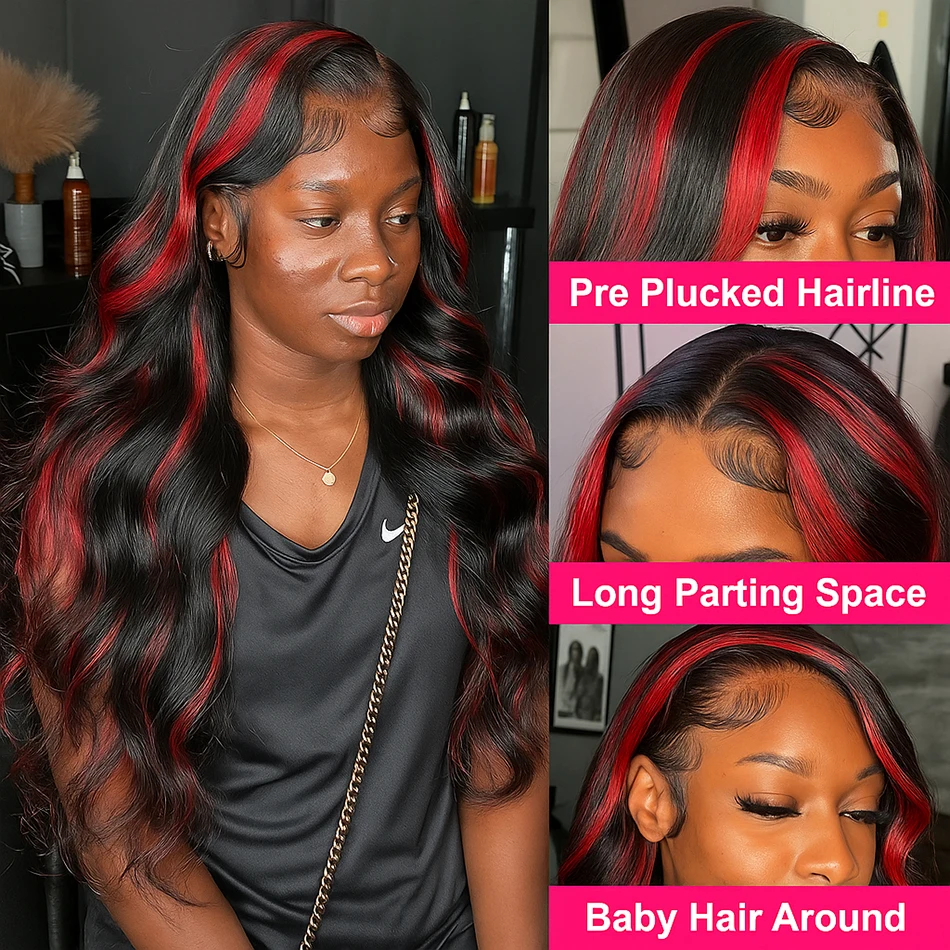 バレイヤージュ 1B/99J 5x5 クロージャーハイライトウィッグ 人毛 ブラジリアンボディウェーブ オンブレ レッドバーガンディカラー 人毛グルレスウィッグ