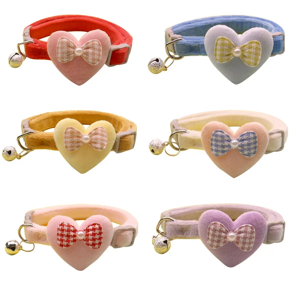 Cute Cat Collar Heart Bow and Bell Cat Ornaments Macaron Color Soft Velvet Adjustable Neck Strap Collar 6 Colors Pet Accessories