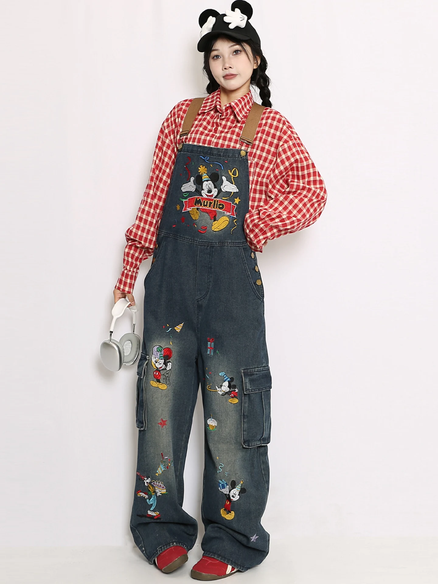 

Джинсовые комбинезоны с мультяшной вышивкой, женские свободные брюки, модные брендовые прямые джинсы с высокой талией, синяя повседневная одежда