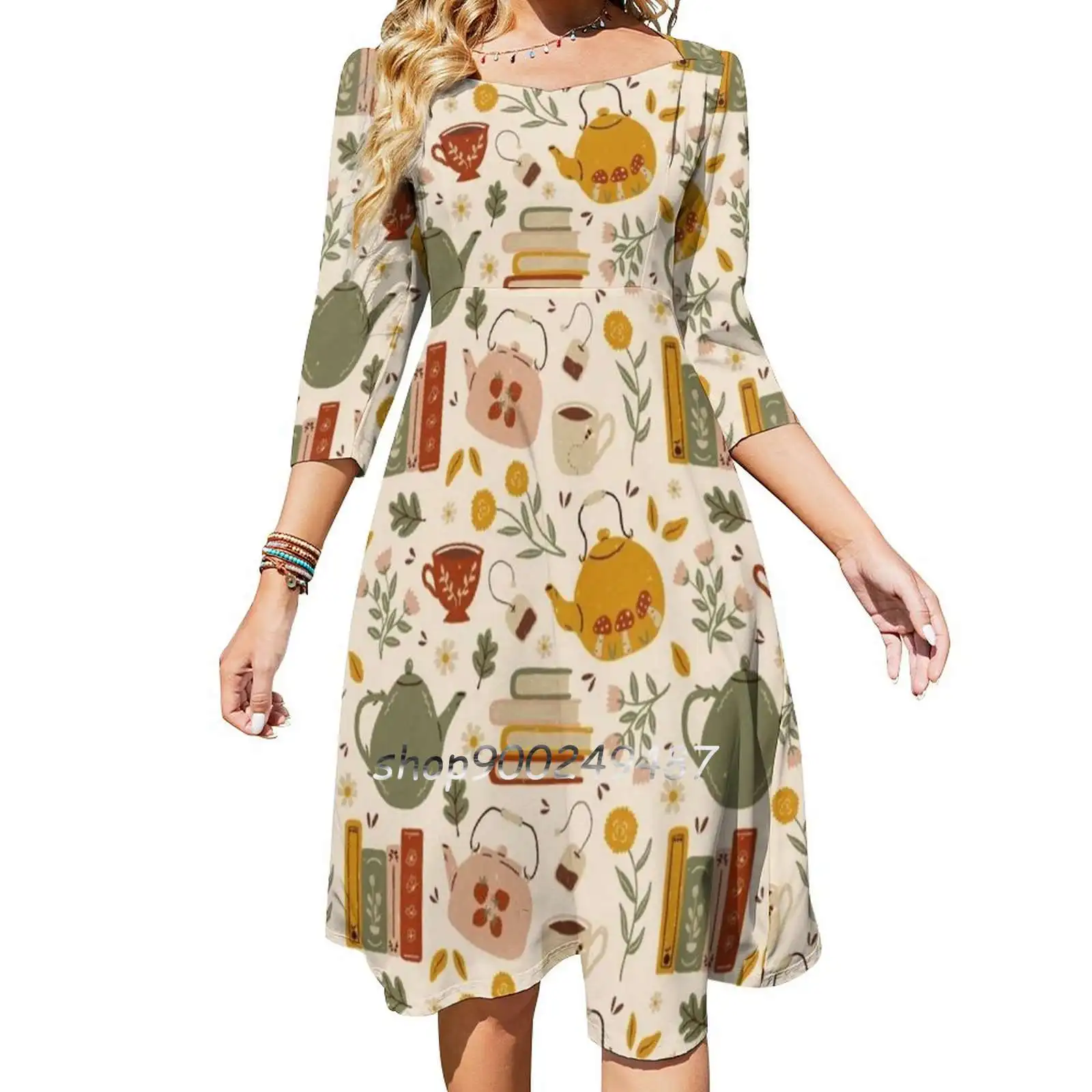 Flowery Books And Tea Flare Dress Multiple styles Print Dress Short and Long Sleeve Dress Books Reading Tea Tea Time Tea Lover