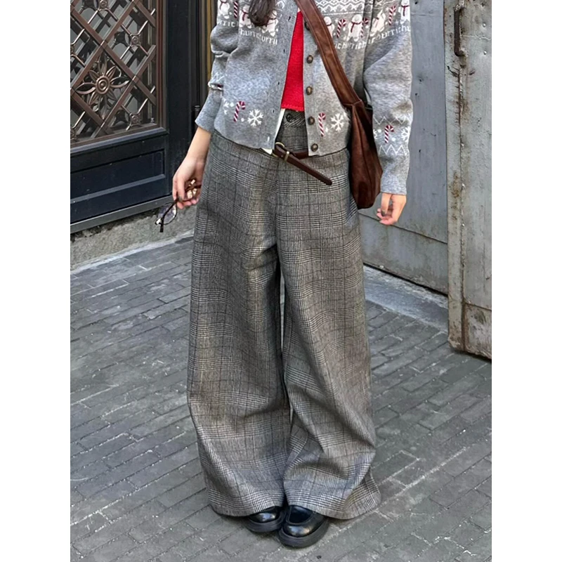 PBAP 市松女性ツイードワイドレッグパンツハイライズドレープベルボトムカジュアルルーズチェック柄スーツズボンラウンジレトロストリート