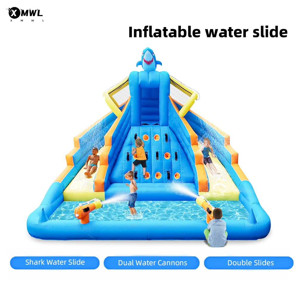 

13Ft Shark Inflatable Water Slide Large Bounce House Dual Slides Climbing Wall Water Cannon 680W Blower Backyard Kids Water Park