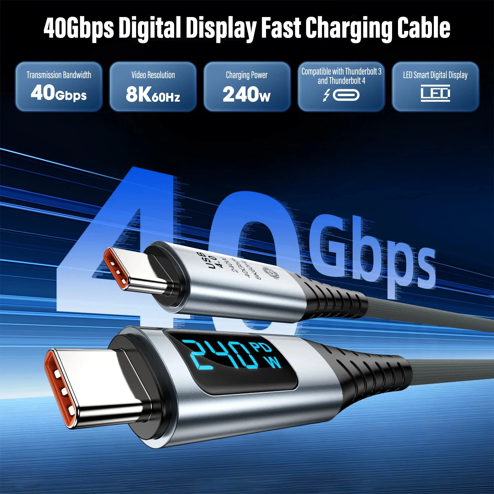 240W Digital Display USB4 Data Cable 40Gbps 8K 60Hz Type C Thunderbolt 4 Fast Charging Cable