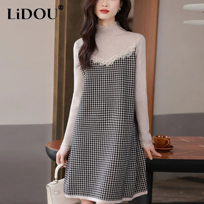 

autumn winter half high collar vintage houndstooth vestido ladies fake two pieces casual fashion robe femme knitting dress wome